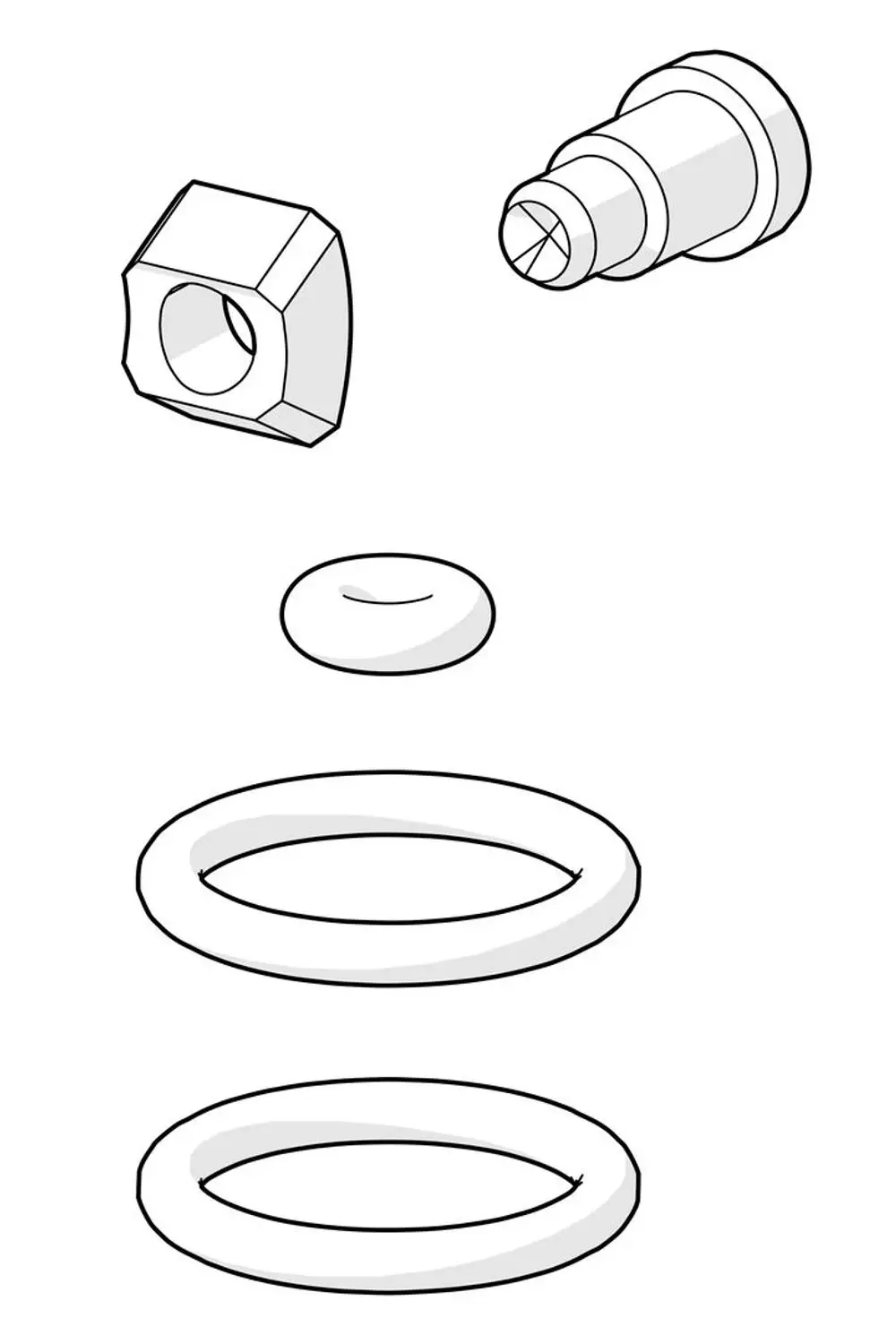 Wartungsset von HANSA mit verschiedenen Komponenten, darunter eine Sechskantmutter, Unterlegscheiben und ein Rohr, in schematischer Darstellung angeordnet.